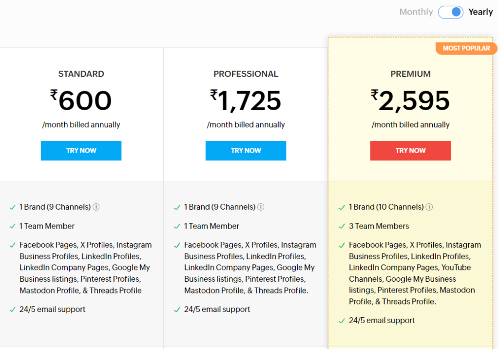 Screenshot of Zoho Social's social media scheduling app's pricing plans