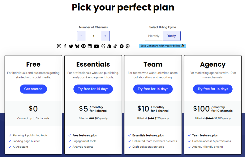 Screenshot of Buffer social media scheduling app's pricing plans