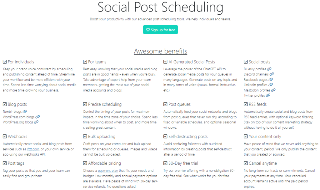 Screenshot of Social Oomph's social media scheduling app's homepage