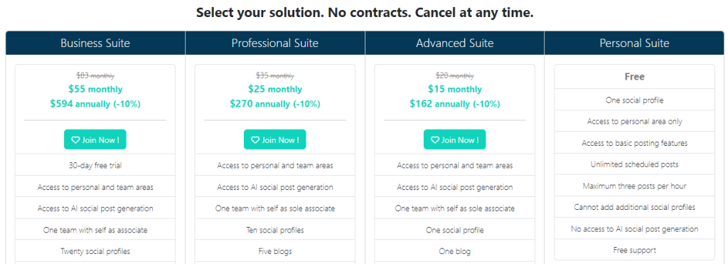 Screenshot of Social Oomph's social media scheduling app's pricing page