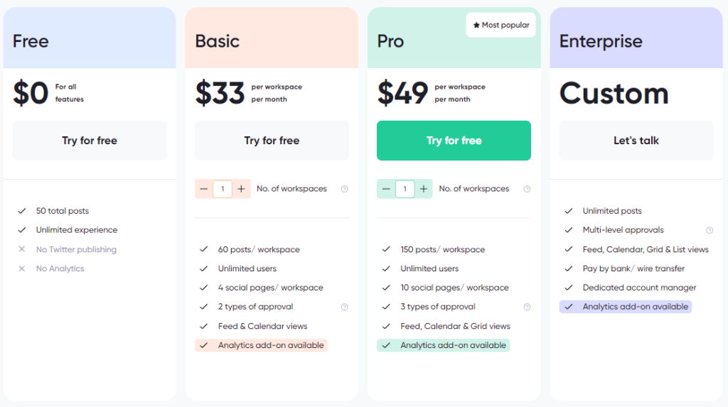 Screenshot of Planable's social media scheduling app's pricingh pricing plans