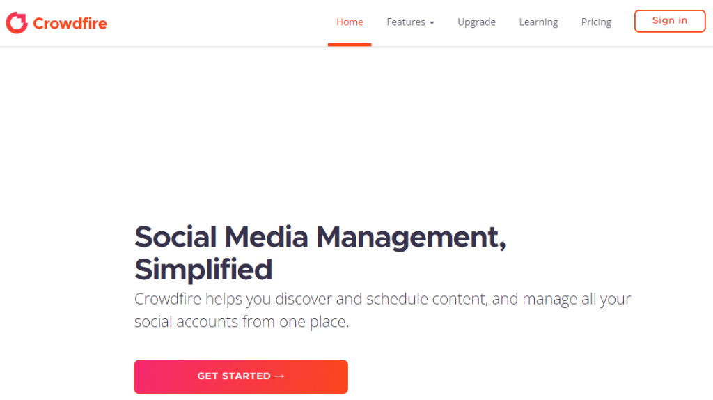 Screenshot of Crowdfire's social media scheduling app's homepage