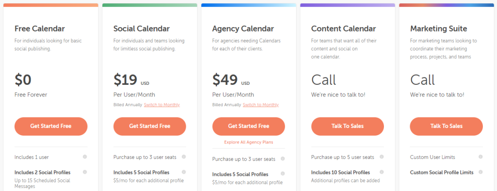 Screenshot of CoSchedule's social media scheduling app's pricing plans