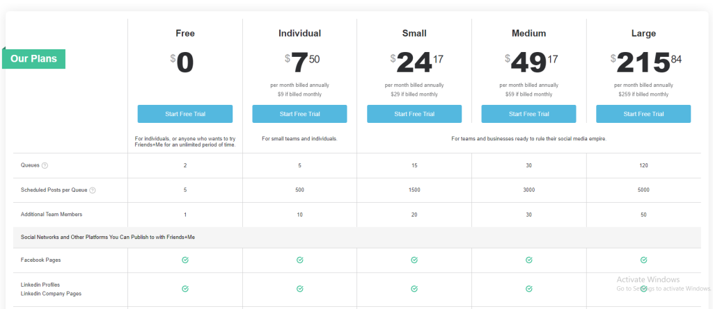 Screenshot of Friends+ Me's social media scheduling app's pricing plans