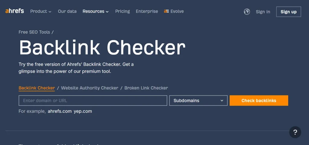 Ahrefs Backlink Checker Homepage