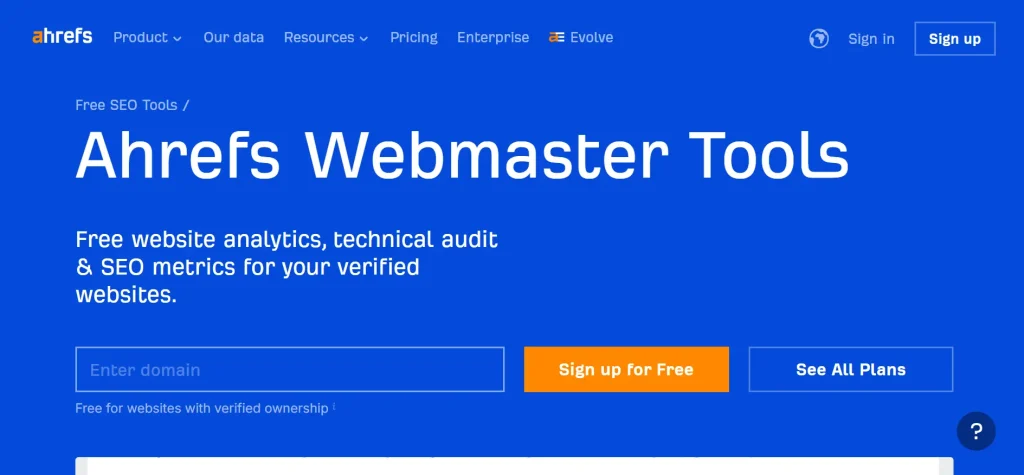 Ahrefs Webmaster Tools Homepage