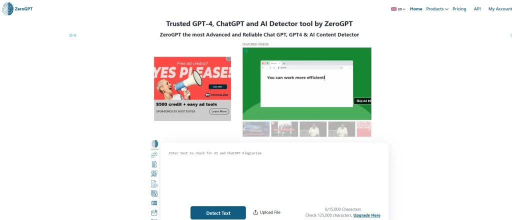 ZeroGPT is a straightforward, free to use AI text detection tool