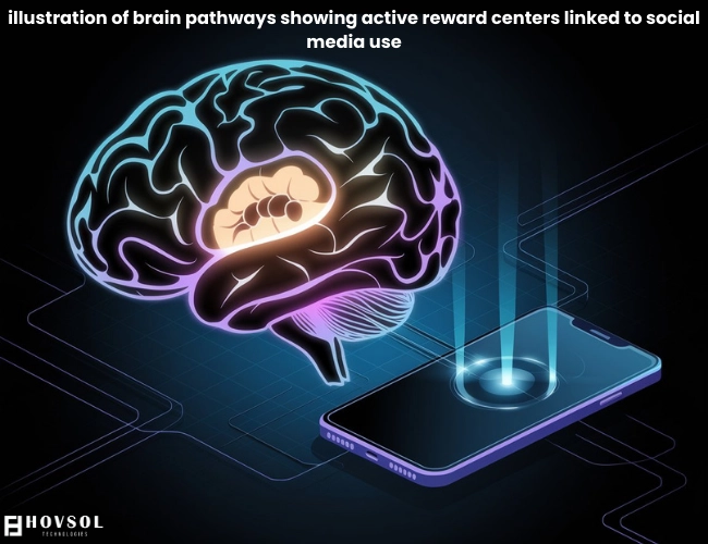 Abstract illustration of brain pathways showing active reward centers linked to social media use.