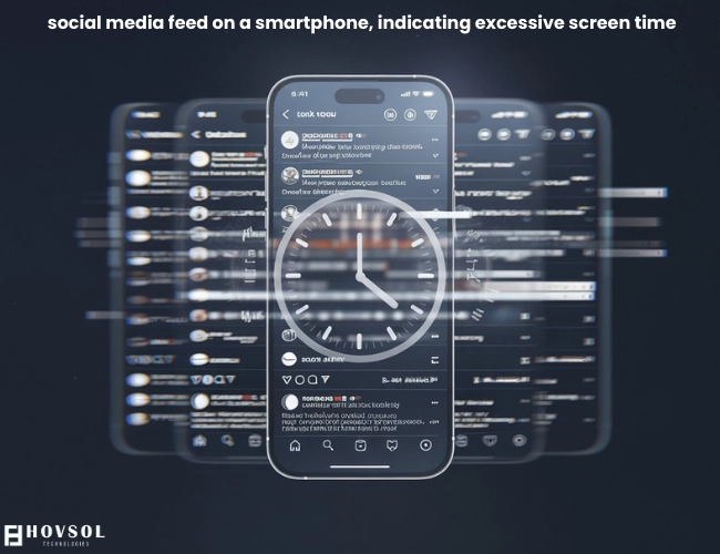 social media feed on a smartphone, indicating excessive screen time