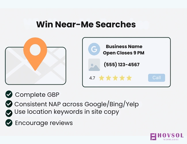 Checklist for local voice SEO: complete Google Business Profile, NAP consistency, location keywords, reviews.