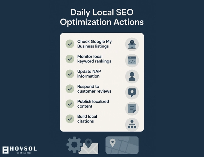Checklist infographic showing daily local SEO optimization actions