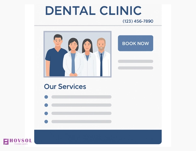 Visual layout of a dental clinic website emphasizing booking and services